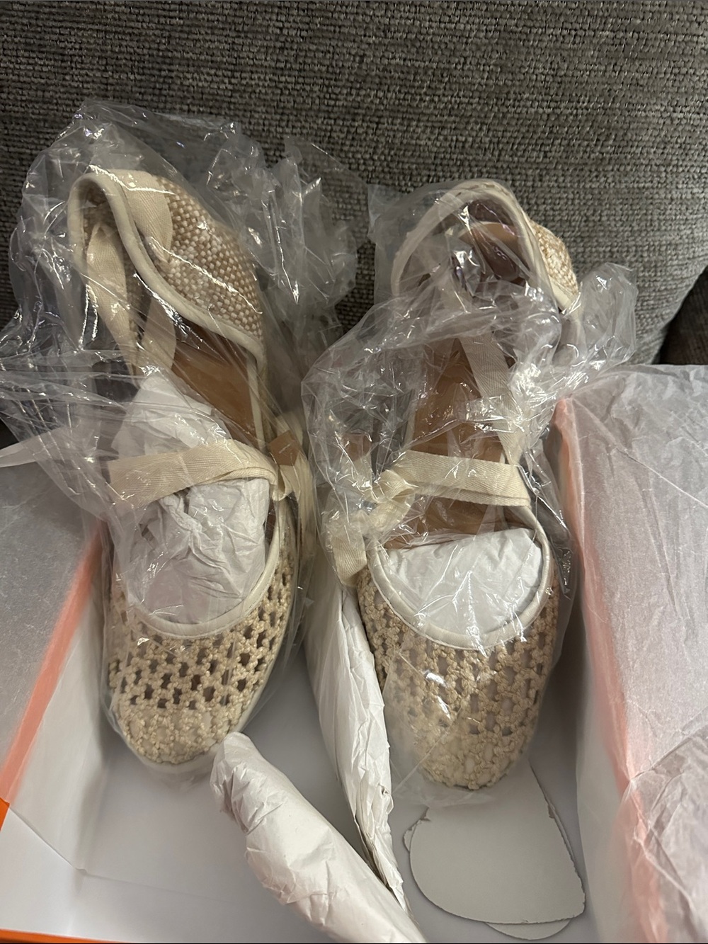 Castaner Cream Woven Espadrille Ballet Flats with Ribbon Ties